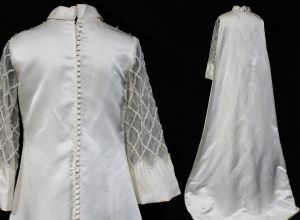 Size 8 Wedding Dress - Moderne 1960s Satin Bridal Gown with Lattice Pearl Sleeves & Detachable Fairy - Fashionconstellate.com