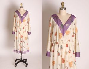 1970s Cream & Purple Sheer Floral Print Long Sleeve Blouse with Matching Skirt Outfit by David Barr