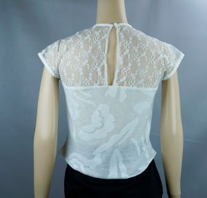 50s - 60s White Lace Blouse with Sheer Shoulders, B36 - Fashionconstellate.com