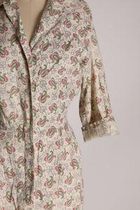 1950s Cream, Red and Green Paisley Print Half Sleeve Button Up Dress - 1XL - Fashionconstellate.com