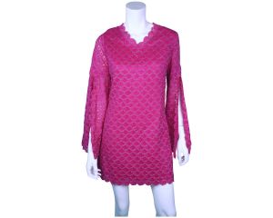 Vintage 1960s Mod Go Go Mini Dress Magenta Pink Split Sleeves Sz M