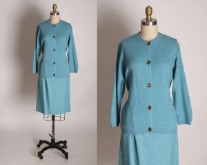 1960s Blue Wool Button Down Front Sweater with Blue Wool Pencil Skirt Suit Set by Woolf Brothers