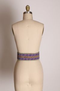 1960s 1970s Brown Leather Blue Woven Waist Cincher Style Belt - Fashionconstellate.com