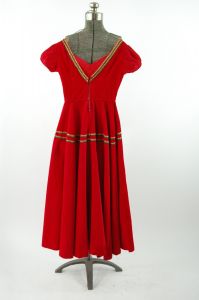 1950s patio dress red corduroy with gold green ric rac trim Size XS or teen or large girl's - Fashionconstellate.com