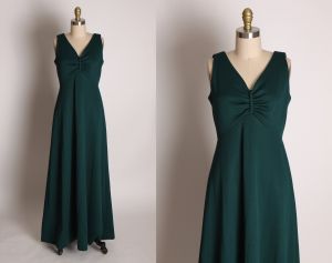 1970s Teal Blue Green Polyester Sleeveless Empire Waist Dress with Sheer Overlay Floral Tie - Fashionconstellate.com