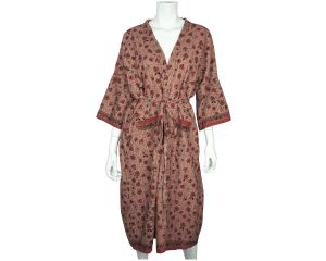 Vintage 1970s Indian Cotton Dressing Gown Block Printed Flower Pattern Robe M L