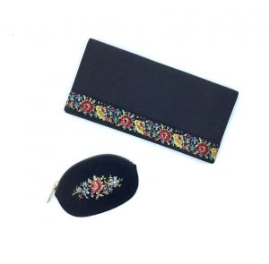 Vintage 1960s Black Floral Petit Point Clutch Mid-Century Faille Fabric Evening Bag w/Matching Coin