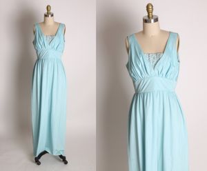 1960s Light Blue Sleeveless Full Length Silver Floral Beaded Bodice Insert Formal Cocktail Dress by 