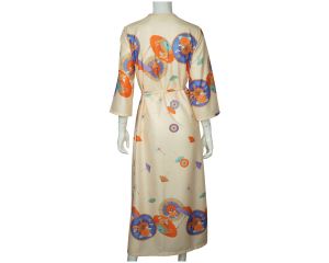 Vintage 1970s Lounging Gown Novelty Print Japanese Parasols Hostess Robe Size M - Fashionconstellate.com