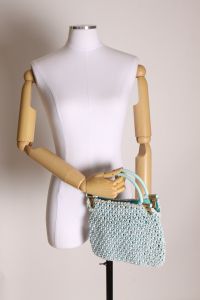 1950s 1960s Blue Beaded Top Handle Purse by Fashion Imports