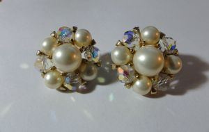 Vintage 60s Clip On Earrings, Wedding/Bridal Round Faux Pearl and AB Crystal Bead Earrings