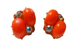 Vintage 60s Orange Jelly Bean Oval Cabochon and AB Rhinestone Clip On Earrings