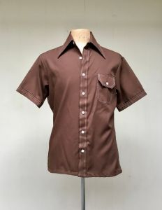 Vintage 1970s Mens Short Sleeve Shirt, Brown Polyester Hipster Casual Shirt, Medium