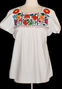 70s Hand Embroidered Mexican Blouse, Multi Color Floral Embroidery, White Ethnic Blouse, Vintage 70s - Fashionconstellate.com