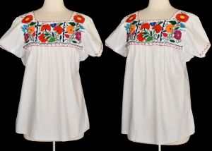 70s Hand Embroidered Mexican Blouse, Multi Color Floral Embroidery, White Ethnic Blouse, Vintage 70s