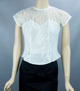 50s - 60s White Lace Blouse with Sheer Shoulders, B36