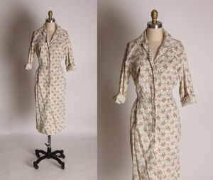 1950s Cream, Red and Green Paisley Print Half Sleeve Button Up Dress - 1XL