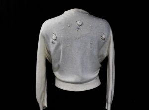 Size 12 1950s Cashmere Cardigan with 3D Roses & Beadwork - Button Front Cream Sweater - Luxury Knit - Fashionconstellate.com