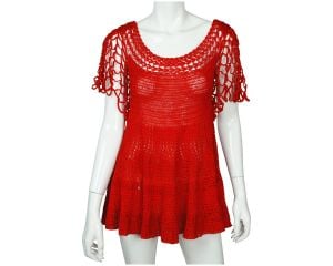 Vintage 1960s Red Crochet Top Hand Knit Pullover Size M