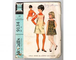 1967 Girl's Size 12 Mini Dress Sewing Pattern - 1960s Childs Mod Sleeveless Jumper and Blouse 