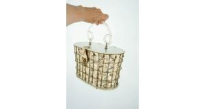 1950s basket cage purse with clear lucite top and textured gold and black vinyl insert - Fashionconstellate.com