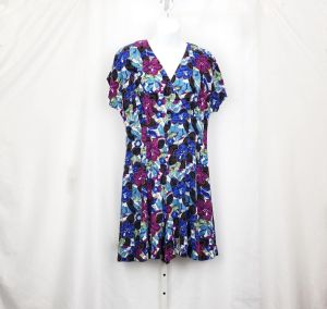 90s Shorts Romper Blue Purple Floral Print Rayon by Caroline Wells Collection | Vintage Misses 10