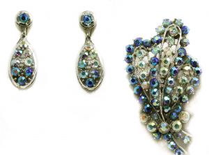 Blue Aurora Borealis Rhinestone Brooch & Earrings - 1950s Flashy Feather Plume Bouquet Pin - Silver 