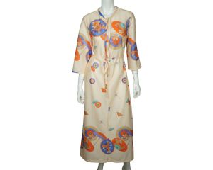 Vintage 1970s Lounging Gown Novelty Print Japanese Parasols Hostess Robe Size M