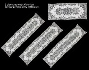 Antique Table Runner Set of 5 Pieces - Dining Room Tea Party Embroidered Grapes Authentic Victorian