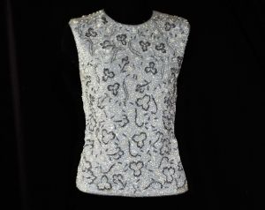 Small 60s Silver Sequins Gray Blue Cocktail Top Evening Glamour Formal Beaded Knit Sleeveless Tank - Fashionconstellate.com