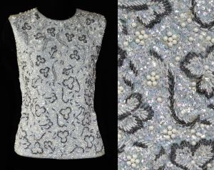 Small 60s Silver Sequins Gray Blue Cocktail Top Evening Glamour Formal Beaded Knit Sleeveless Tank