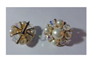 Vintage 60s Clip On Earrings, Wedding/Bridal Round Faux Pearl and AB Crystal Bead Earrings - Fashionconstellate.com