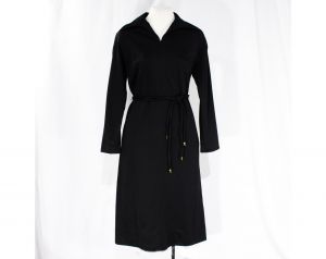 Size 8 Black Beatnik Dress - Dark Diva 1960s Sheath with Original Metal Tipped Belt  60s Long Sleeve