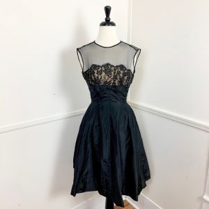 1950's Vintage Black Nude Illusion Party Dress | Jonny Herbert | Best Fit Extra Small | 30'' Bust