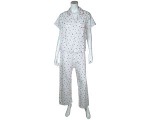 Vintage 1960s Unused Pyjamas Printed White Cotton NOS Summer Pajamas Ladies M