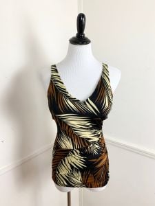 1970's Vintage Palm Print Skirted Swimsuit | Best fit for Small to Medium | Built In Bra | Tiki - Fashionconstellate.com