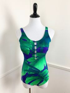 1980's Vintage Jantzen One Piece Monstera Print Swimsuit | Size 12 | Lined with Built In Bra