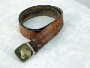 1970s tooled leather belt and BTS horse heard brass buckle size L