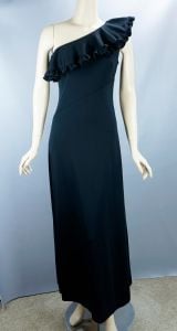 70s Black Knit One Shoulder Formal Gown by Up-Beat, Sz 9/10  - Fashionconstellate.com