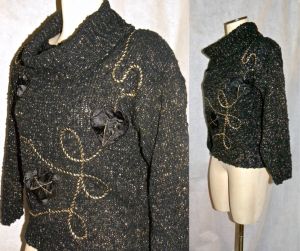 80s Black & Gold COWL Neck Sweater | Lurex Metallic Appliqué Avant Gardé Pullover - S/M