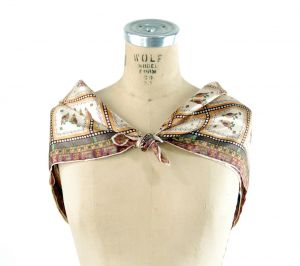 1960s rayon satin scarf with bird motif brown gold retro square scarf - Fashionconstellate.com