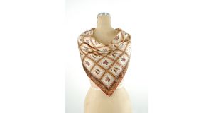 1960s rayon satin scarf with bird motif brown gold retro square scarf