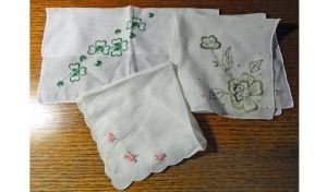 Lot of 3 Vintage Ladies White Handkerchiefs Hankies Embroidered Shamrock, Greens, Pink Flowers