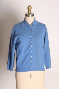 1950s Blue Angora 3/4 Length Sleeve Button Up Front Collared Cardigan Sweater by Jerry Mann - Fashionconstellate.com