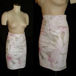 90s Y2K Patterned Leather Pencil Skirt by Elivan | Pink Off White Silver Abstract | 28'' W