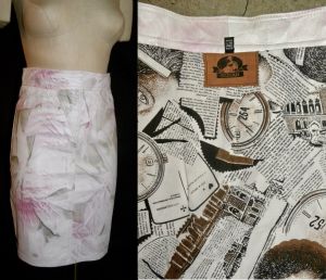90s Y2K Patterned Leather Pencil Skirt by Elivan | Pink Off White Silver Abstract | 28'' W - Fashionconstellate.com
