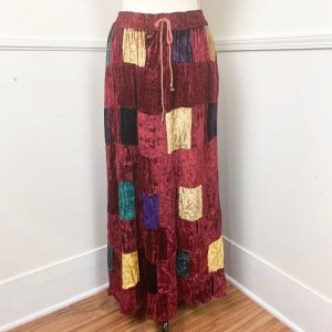Curvy - 1990s Crushed Velvet Patchwork Skirt | Raja | 100% Rayon Velvet | Waist 26'' to 42''
