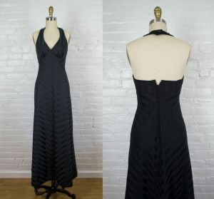 black halter maxi dress . vintage 1970s striped long party dress .