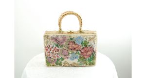 1960s wicker handbag with beaded floral tapestry fabric Made in Hong Kong - Fashionconstellate.com