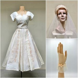 Vintage 1950s Wedding Dress w/Matching Headdress and Gloves, Custom Ivory Gown Floral Appliqué Tiara